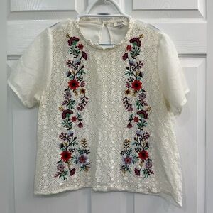 Umgee Cream Floral Embroidered Delicate Sheer Lace Women's Blouse Shirt Top